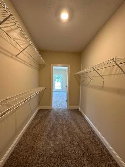 Hallway with built-in shelves, white plaster walls, wood flooring, and a door with a window panel