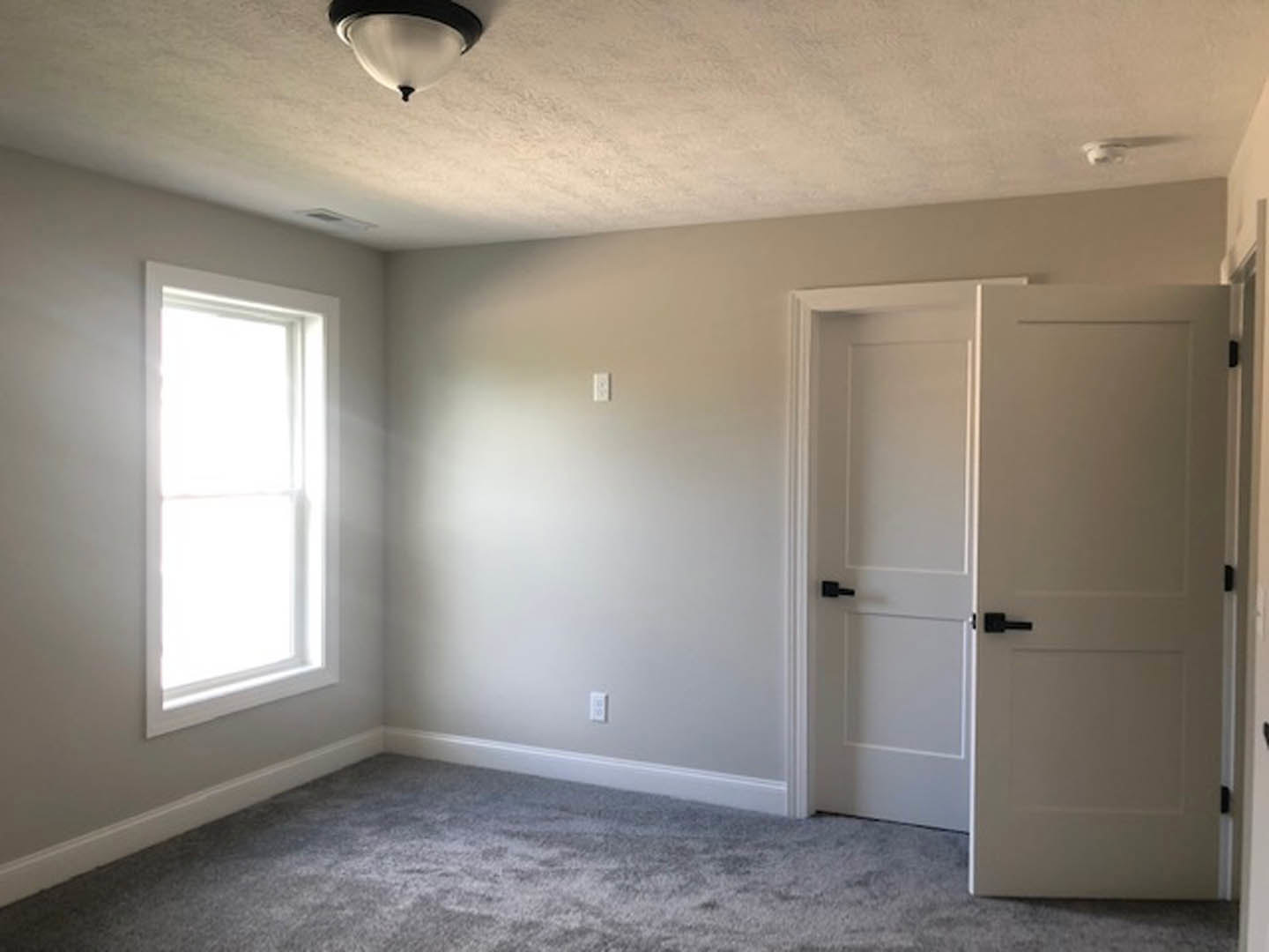 White paneled door with black handle, large window with white trim, light gray carpet flooring, recessed ceiling light, smooth plaster walls