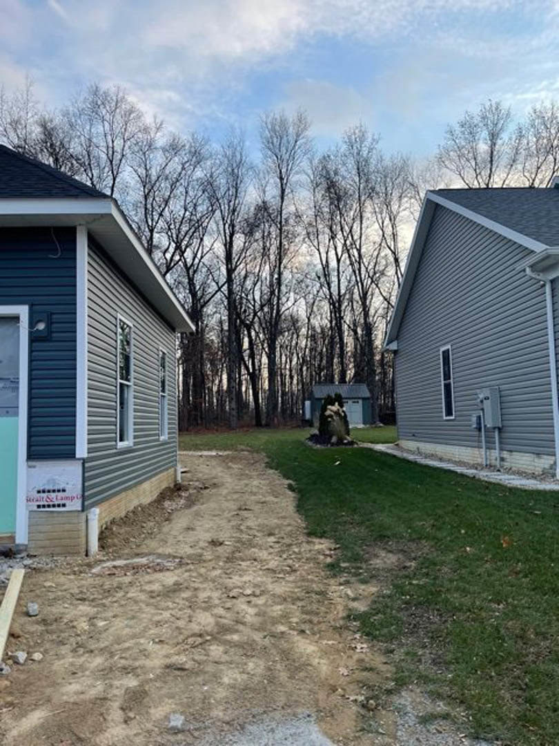 Dirt path bordered by two houses with siding, grassy patches, trees, cloudy sky, and a blurry dog near a grey utility box on the wall