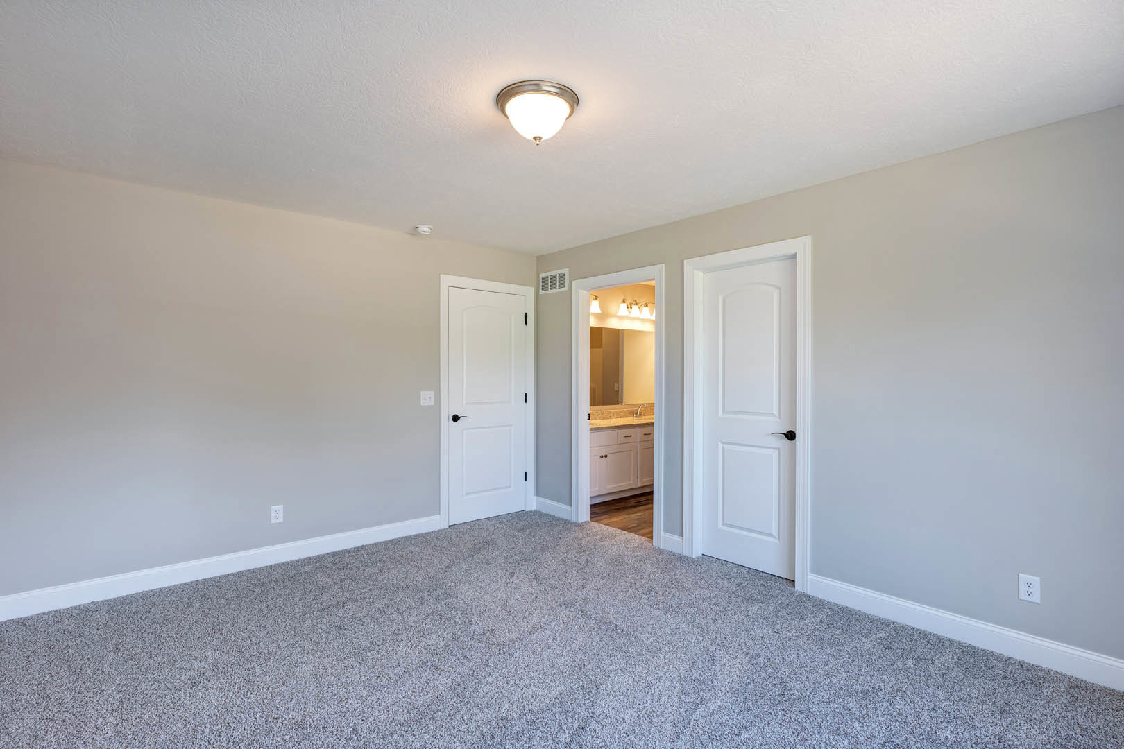 Carpeted room with white paneled doors featuring black handles, white walls, ceiling light fixture, and crown molding