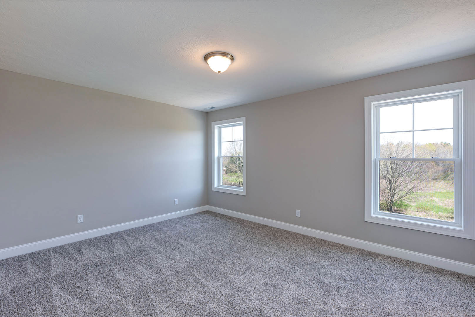Bright carpeted room with large windows, white walls, ceiling light fixture, and views of leafy trees outside