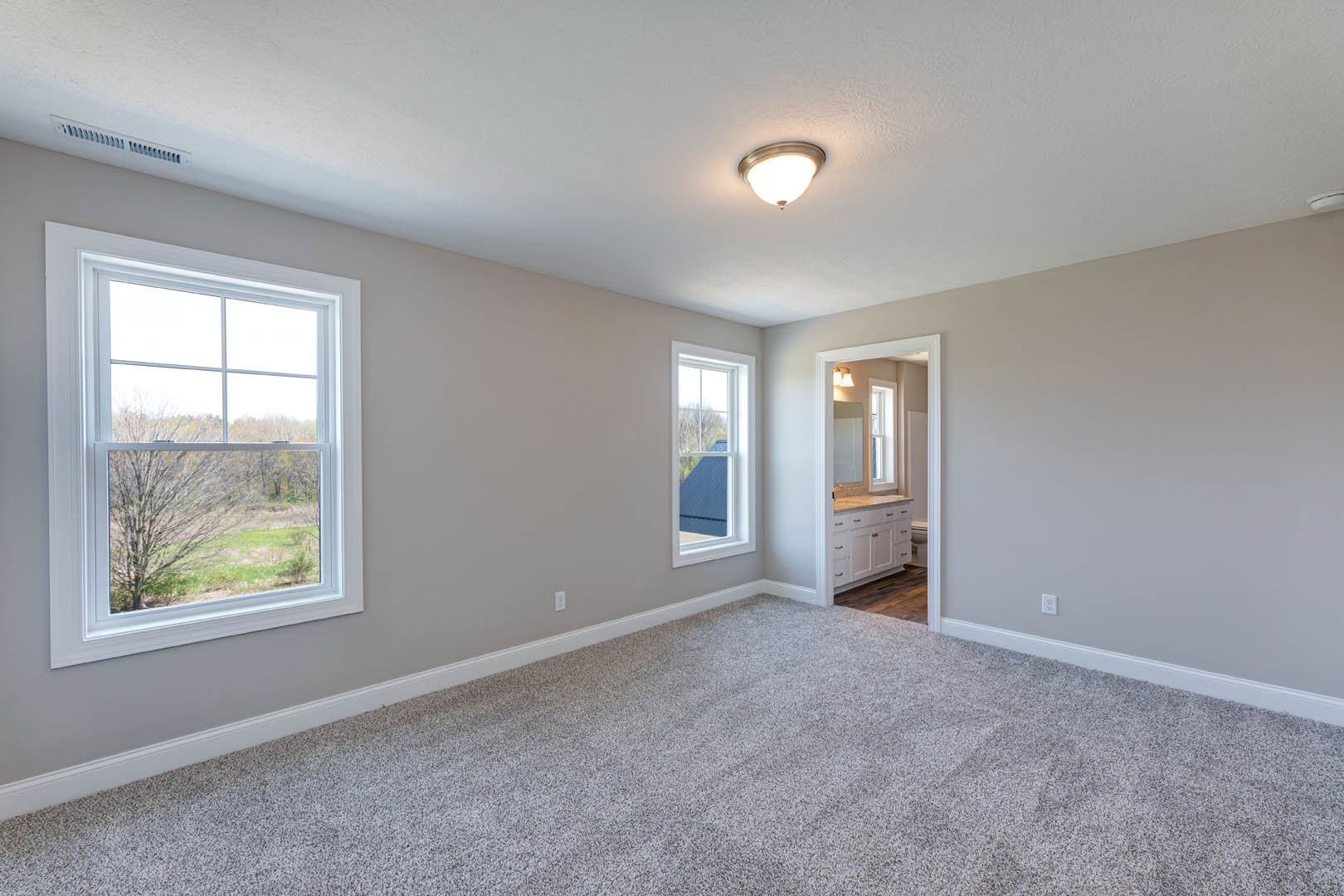 Carpeted room with white walls, ceiling light fixture, multiple windows showing views of fields, trees, and a blue roof, decorative molding along ceiling edges