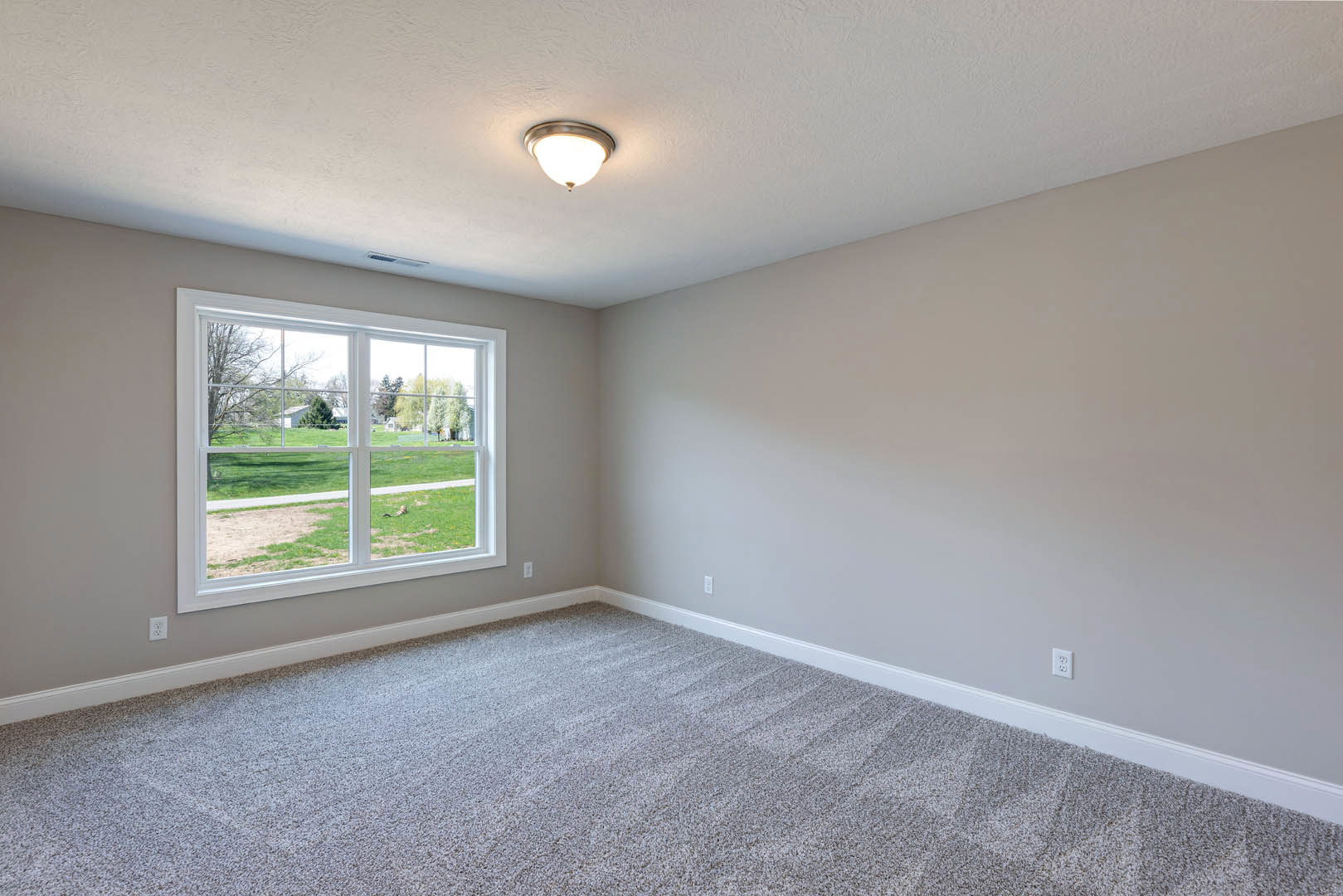 Neutral-toned carpeted room with white walls, large window overlooking lawn, simple ceiling light fixture, and crown molding.