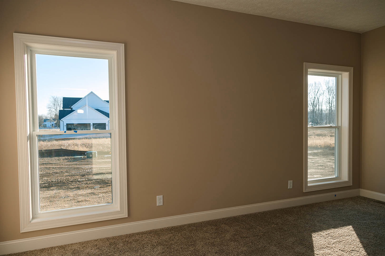 Bright room with two large windows, white plaster walls, carpeted floor, and views of a neighboring house and trees through the glass