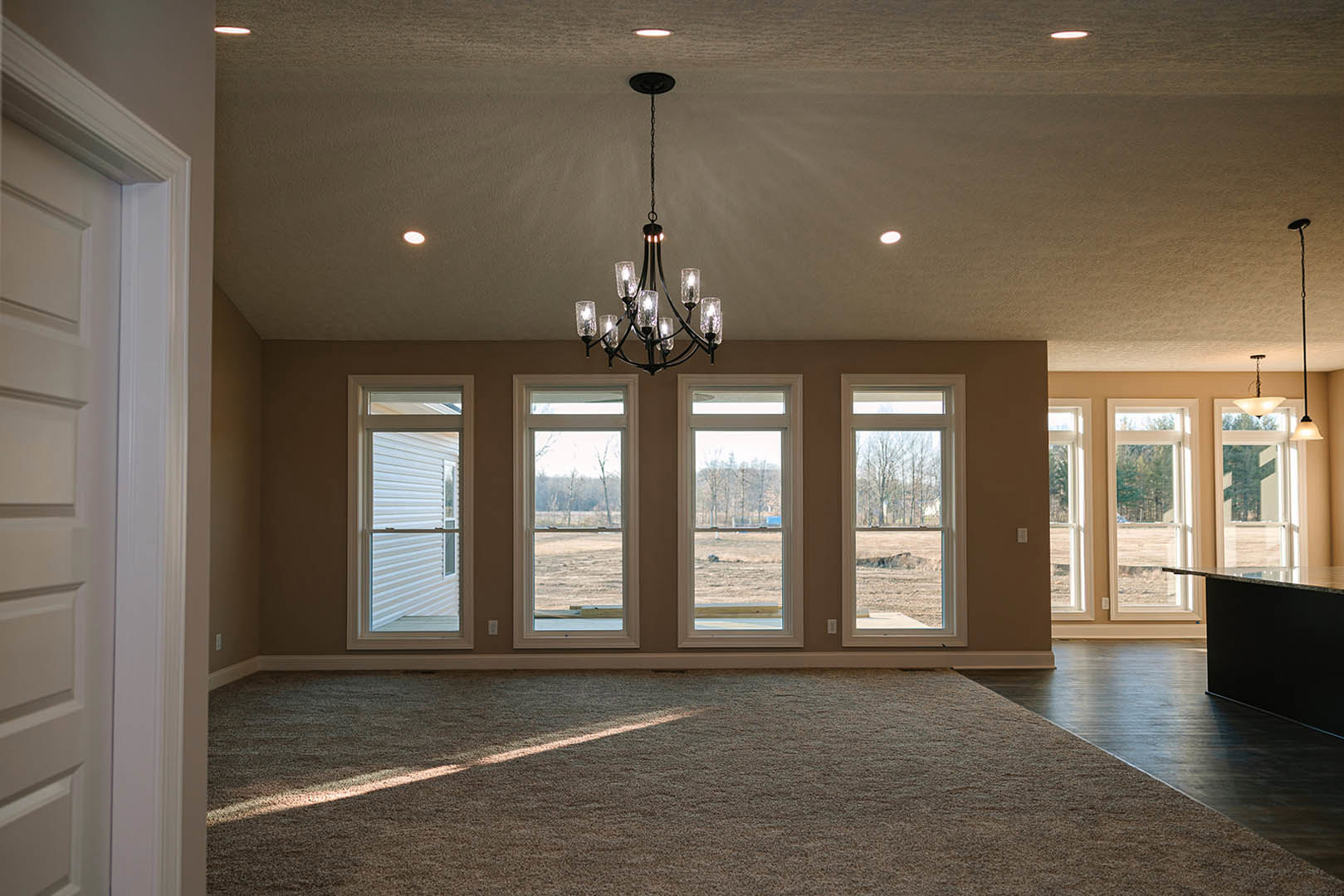 Chandelier hanging from white ceiling, two large windows with blinds and tree views, beige carpet flooring, white walls with crown molding