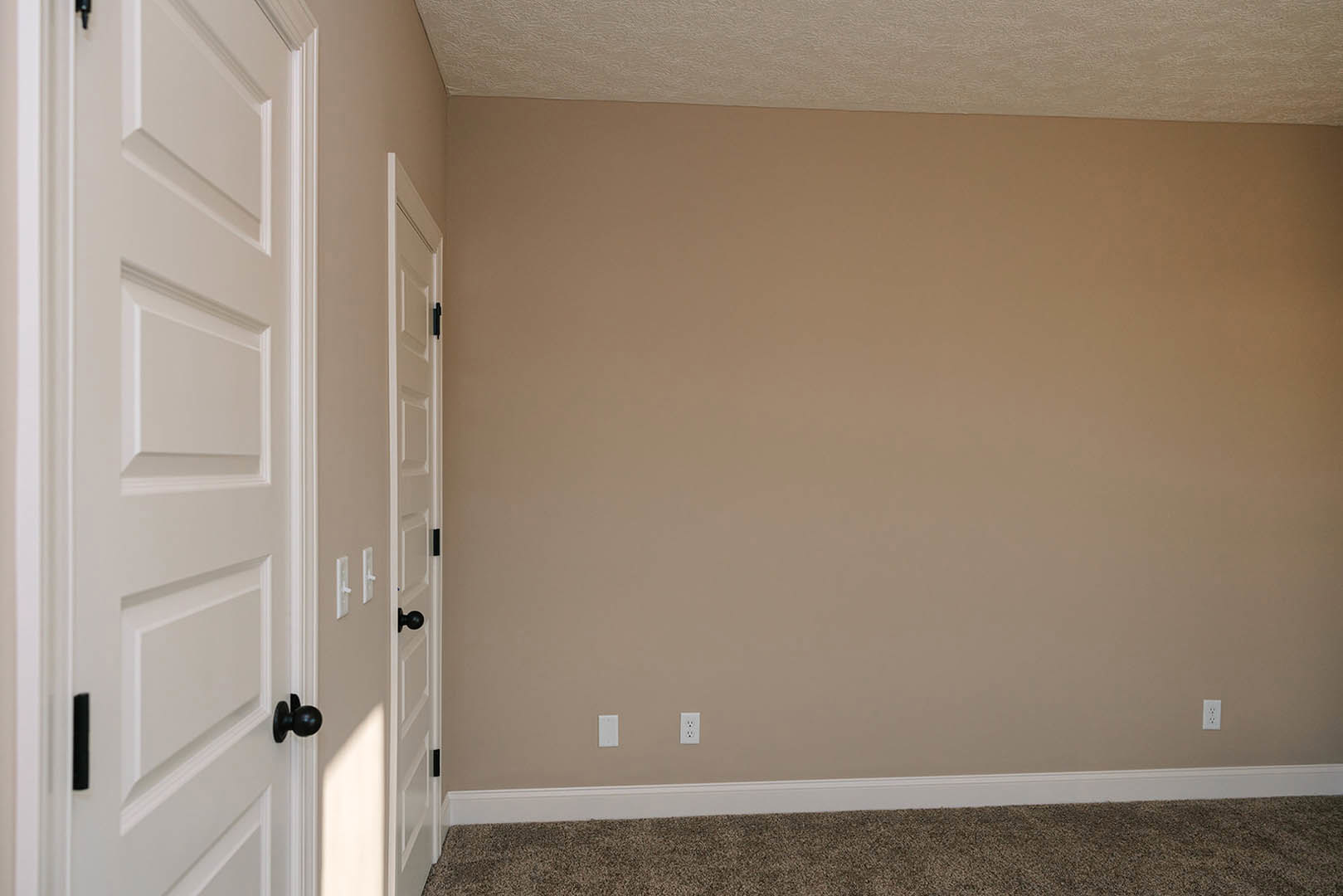 Beige-walled room with white doors, black door handles, white electrical outlets, plush carpet flooring, and white ceiling molding