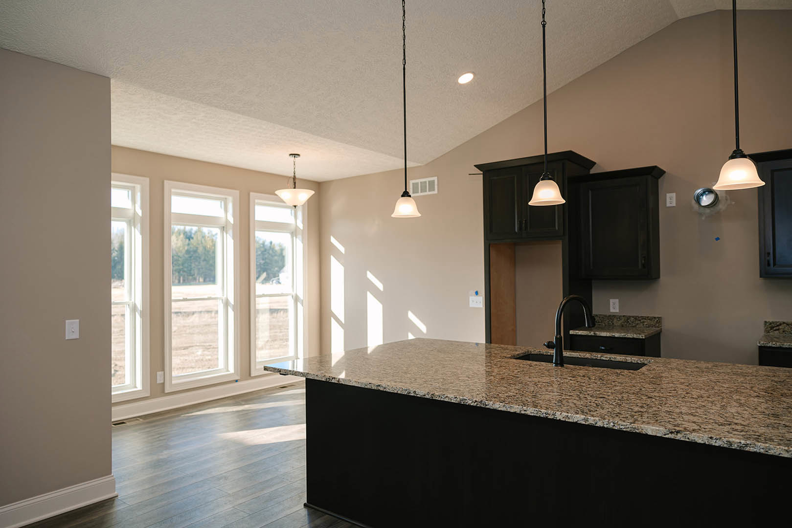 Granite kitchen island with black sink, wood flooring, white cabinetry, row of windows, modern ceiling fixtures