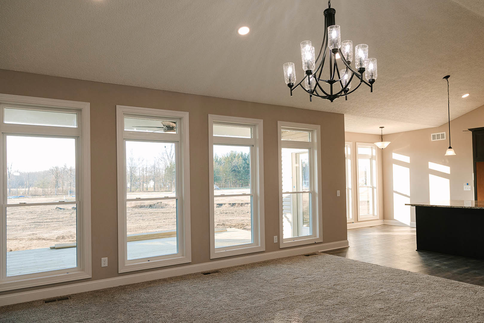 Chandelier with clear glass shades hanging from a white ceiling in a carpeted room featuring multiple large windows, views of trees and a field outside, and decorative wall