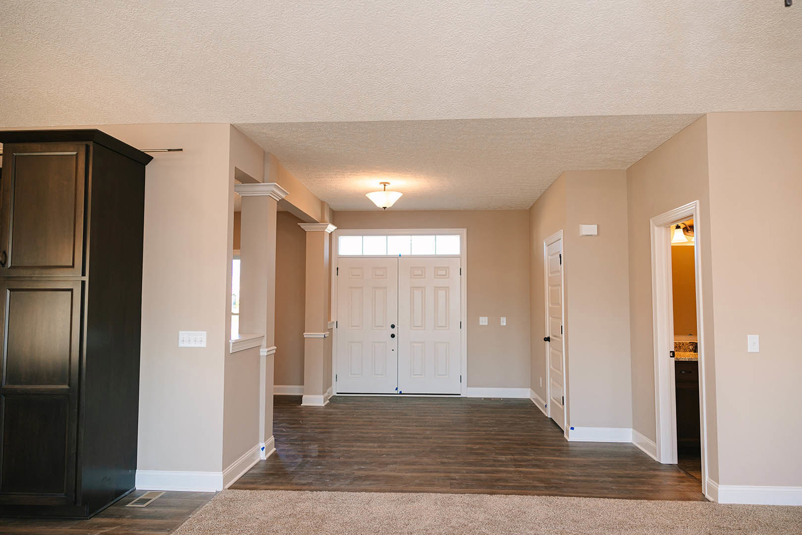 Hallway with wood flooring, white paneled doors, and a contrasting black door; white-framed window and double doors with glass inset; close-up of a cabinet and modern light