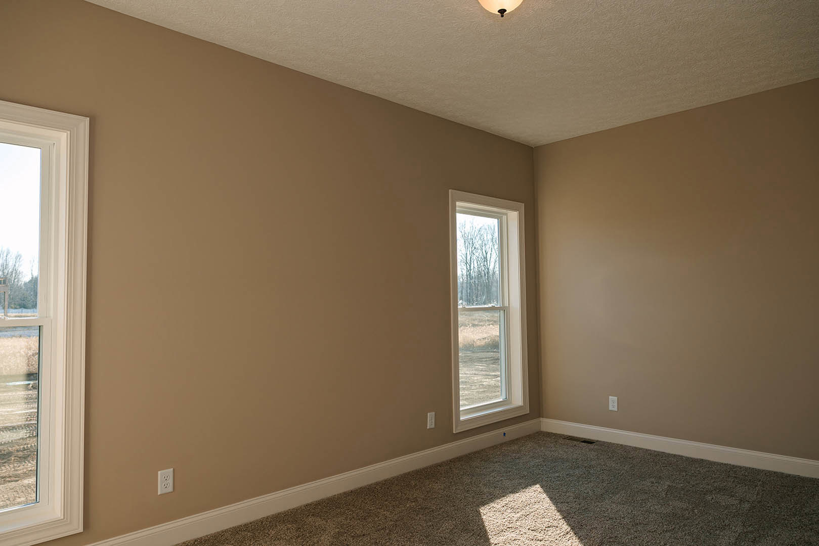 Carpeted bedroom with large window overlooking trees, white ceiling, and brown accent wall