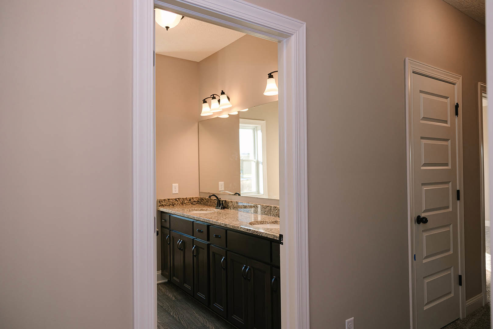 Bathroom with dark wood cabinets, marble countertop, large framed mirror, three-light fixture above, and white door with black handle