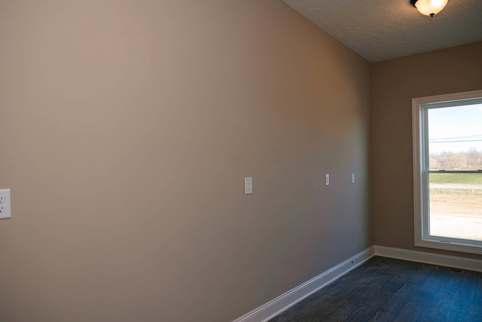 White plaster wall with light switches, dark wood flooring and white baseboard, hallway leading to window overlooking field and trees, ceiling light fixture