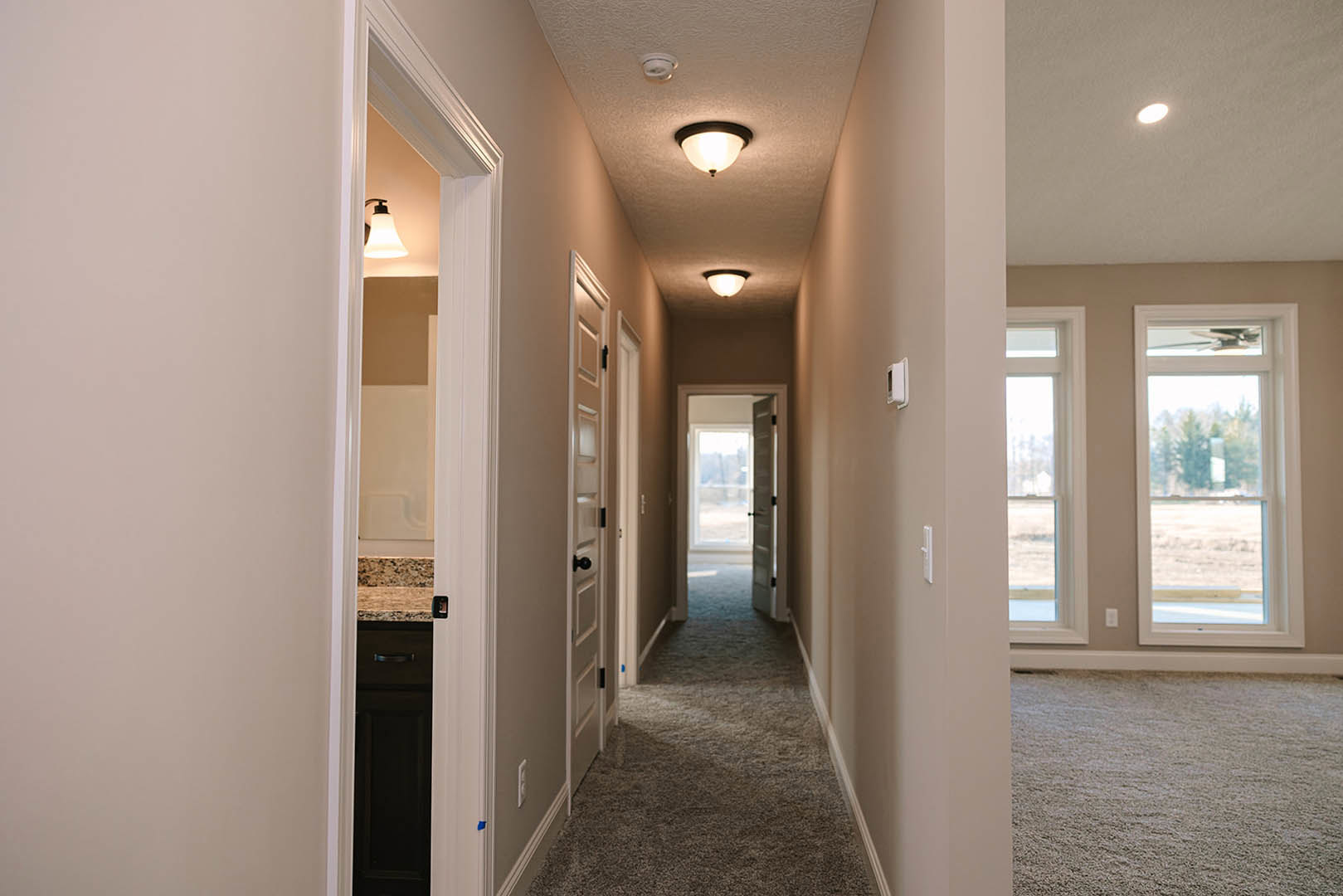 Hallway with white plaster walls, recessed ceiling light, wood door, and neutral carpet flooring; window reveals leafy trees outside