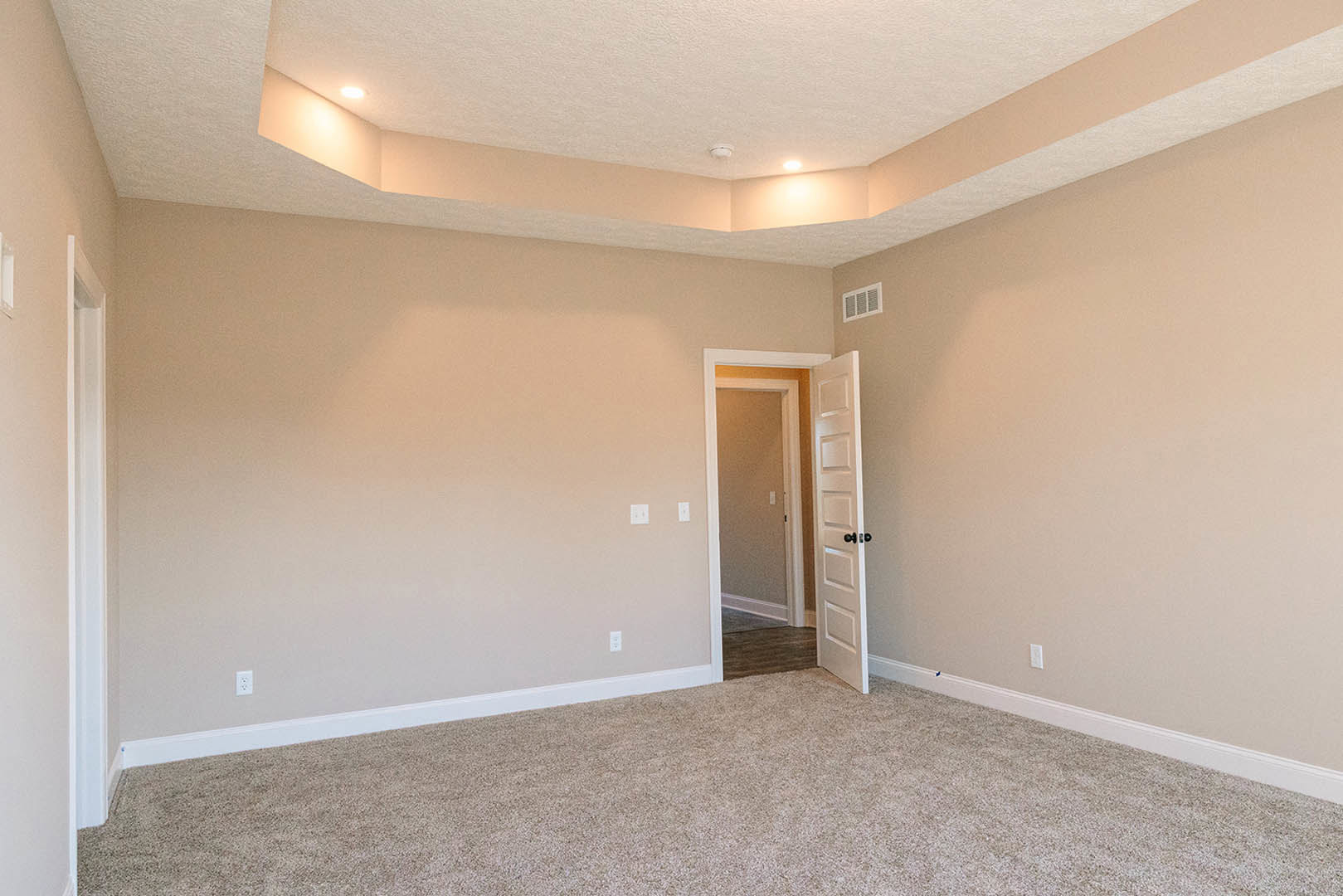 White paneled door open to carpeted room, light switch and white vent on painted wall, crown molding along ceiling.