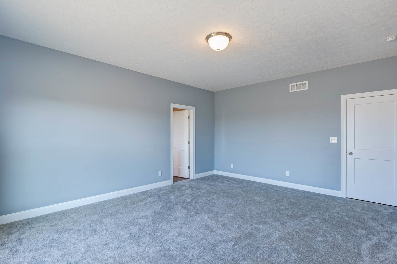 Carpeted room with white walls, ceiling-mounted light fixture, open white door with silver handle, and wall vent