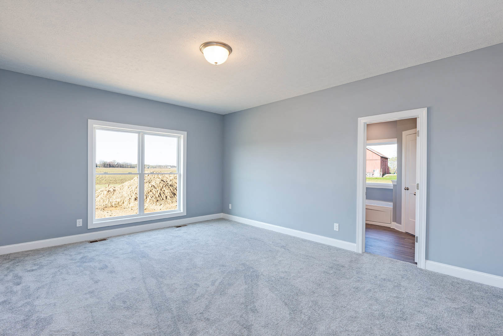 White carpeted room with plaster walls, ceiling light fixture, open door leading to a barn, and window overlooking a dirt field.