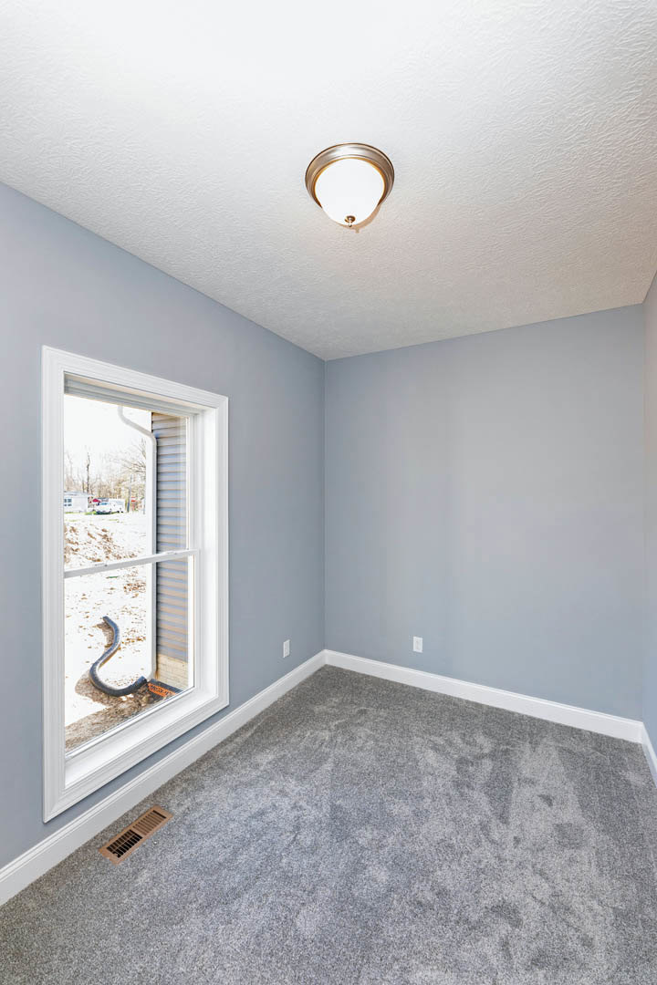Grey carpeted room with white walls, ceiling light fixture, brown floor vent, and a window showing a snake outside on the ground.