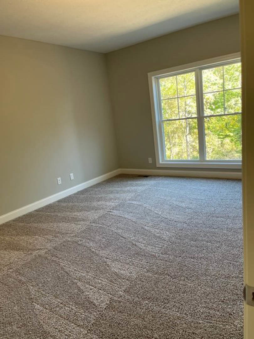 Carpeted bedroom with white walls, large window framed in white, green trees visible outside
