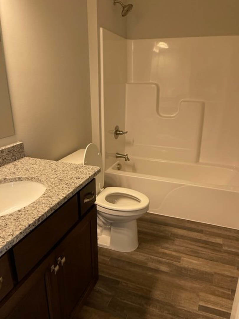White toilet with closed lid and modern sink on wood plank flooring, light tile walls, chrome faucet, and minimal bathroom accessories.