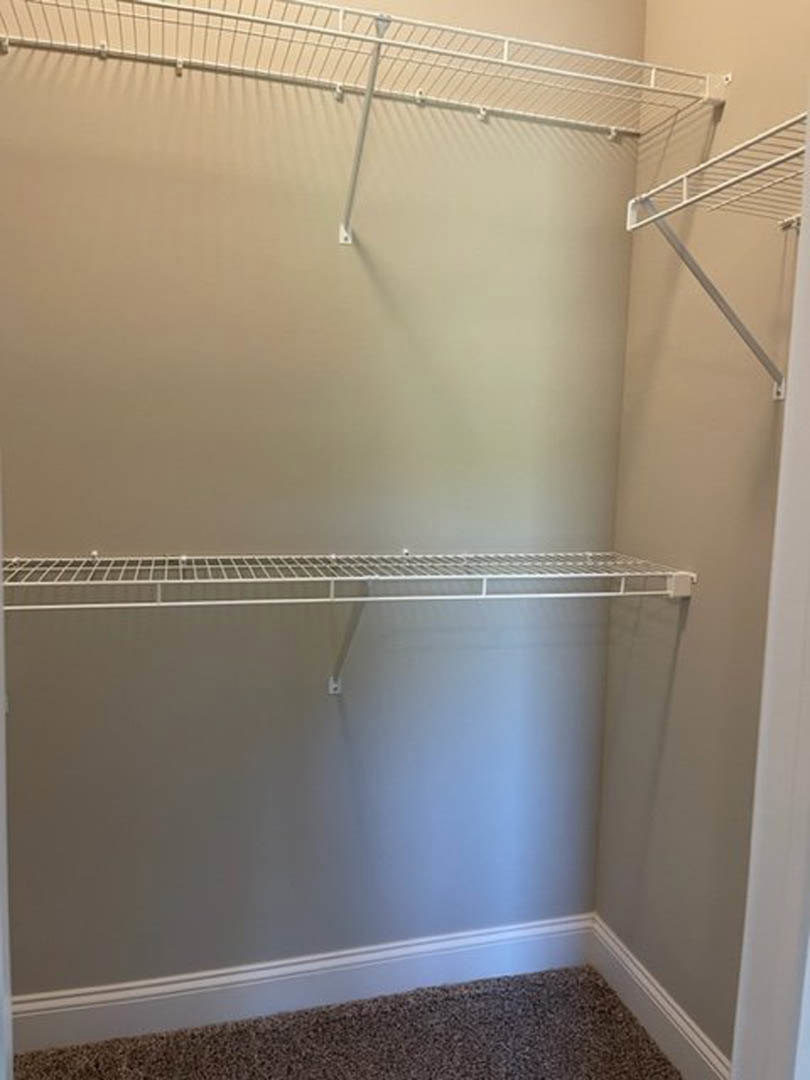 Walk-in closet with white shelves, metal hanging bar, and carpeted floor against a white wall