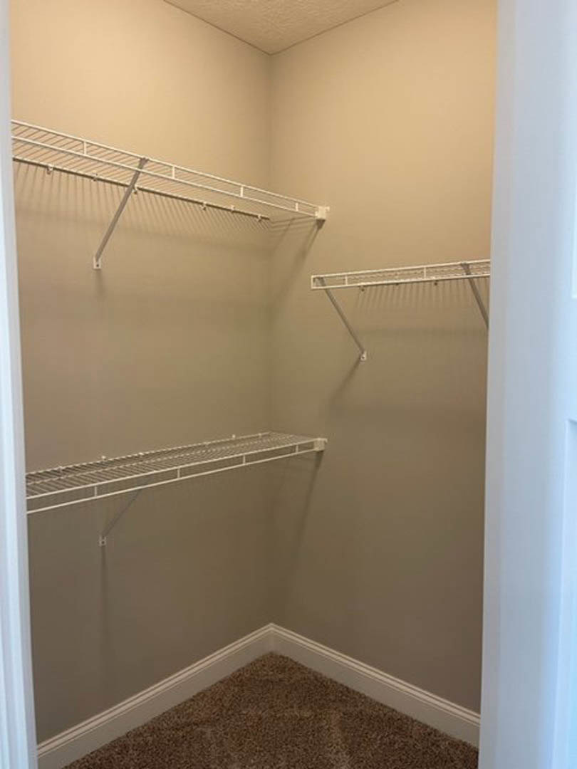 Walk-in closet with built-in white shelves, carpeted floor in the corner, white metal railing mounted on the wall, white ceiling featuring a black linear detail, and white walls
