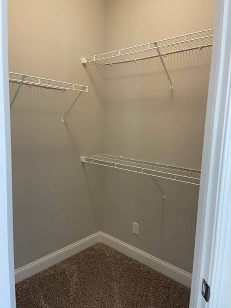 Walk-in closet with white wire shelving, carpeted floor, and plaster walls