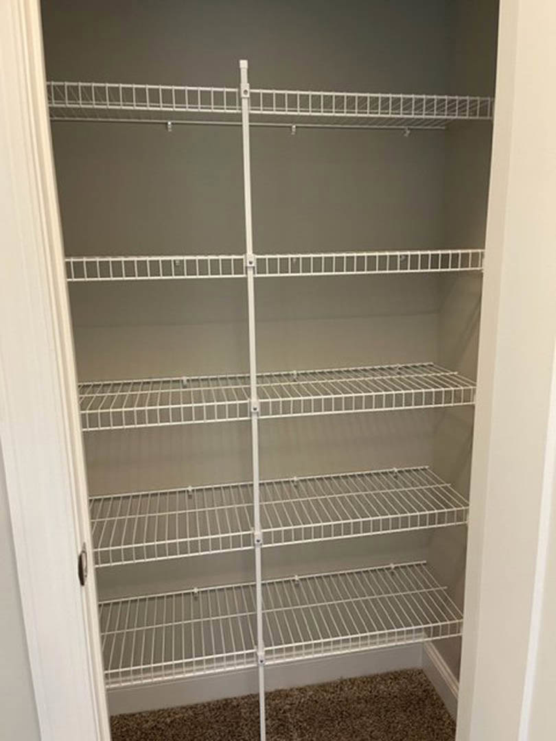 White wire shelving and hanging rod installed in a carpeted closet with painted walls.