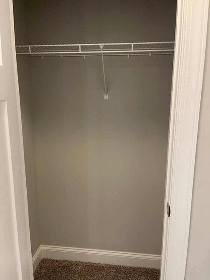 White closet interior with built-in shelf, carpeted floor, and white door frame