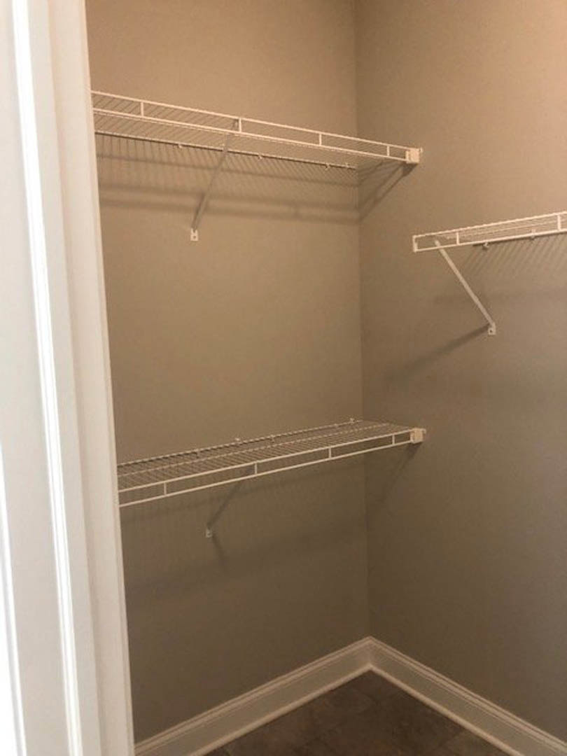 White closet interior with built-in shelves and metal hanging bar, white molding along wall corner, smooth plaster walls.