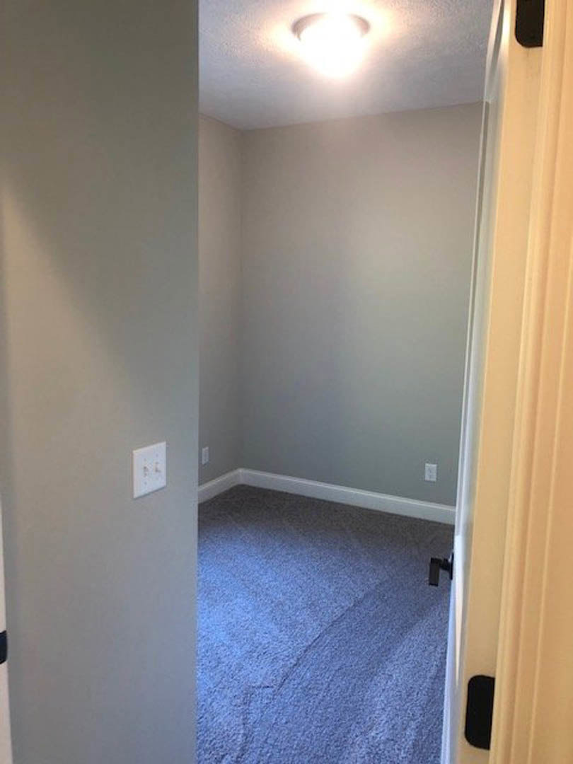 Hallway with white walls, wooden door frame, ceiling light fixture, blue carpet flooring, and visible wall outlet and light switch