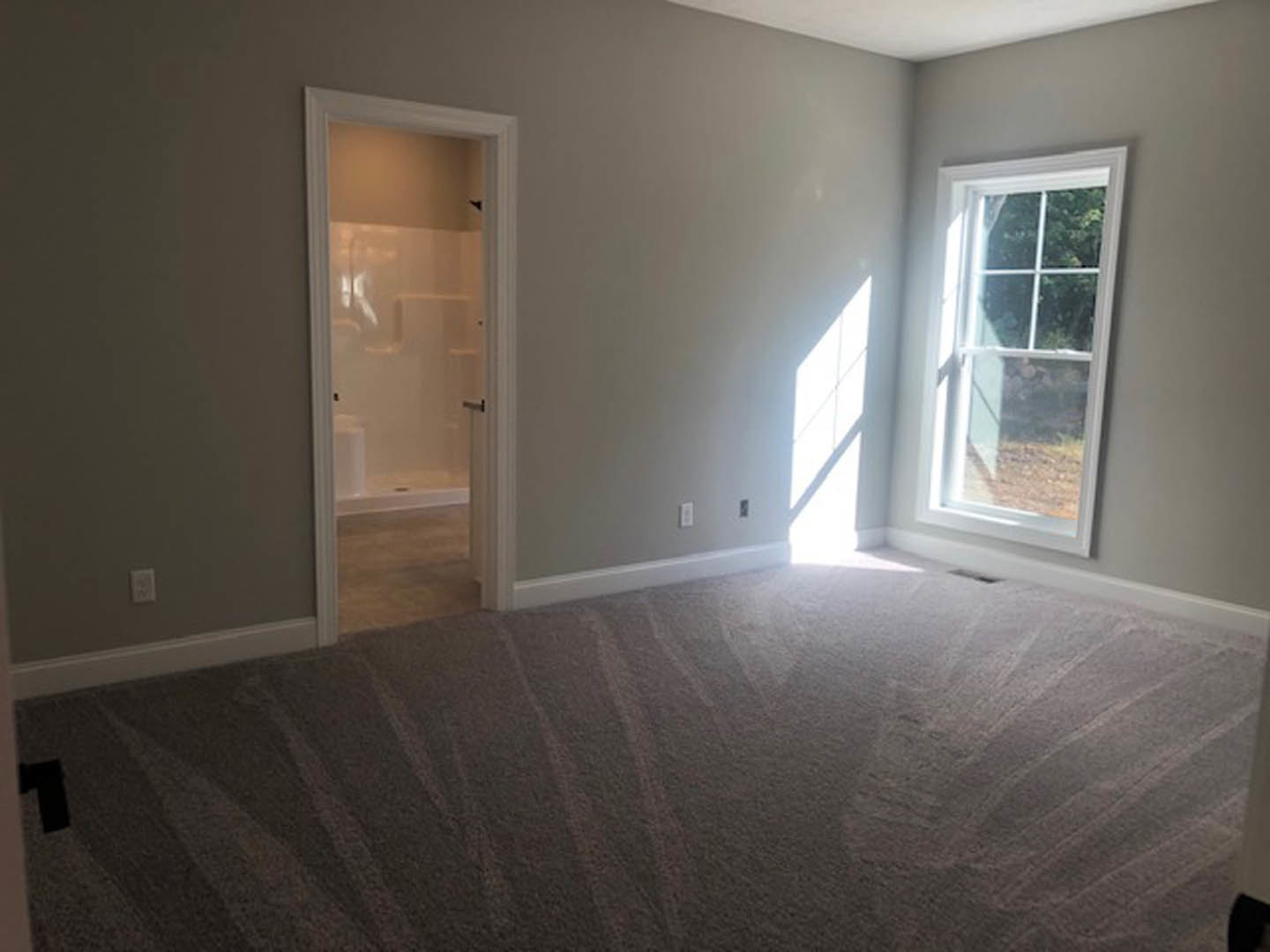 White-walled room with a glass shower door, white-framed window, and light carpet flooring
