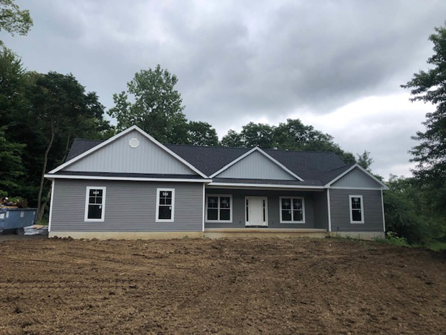 Modern house with black roof, white door with glass windows, white-framed window, surrounded by dirt field and mature trees under cloudy sky