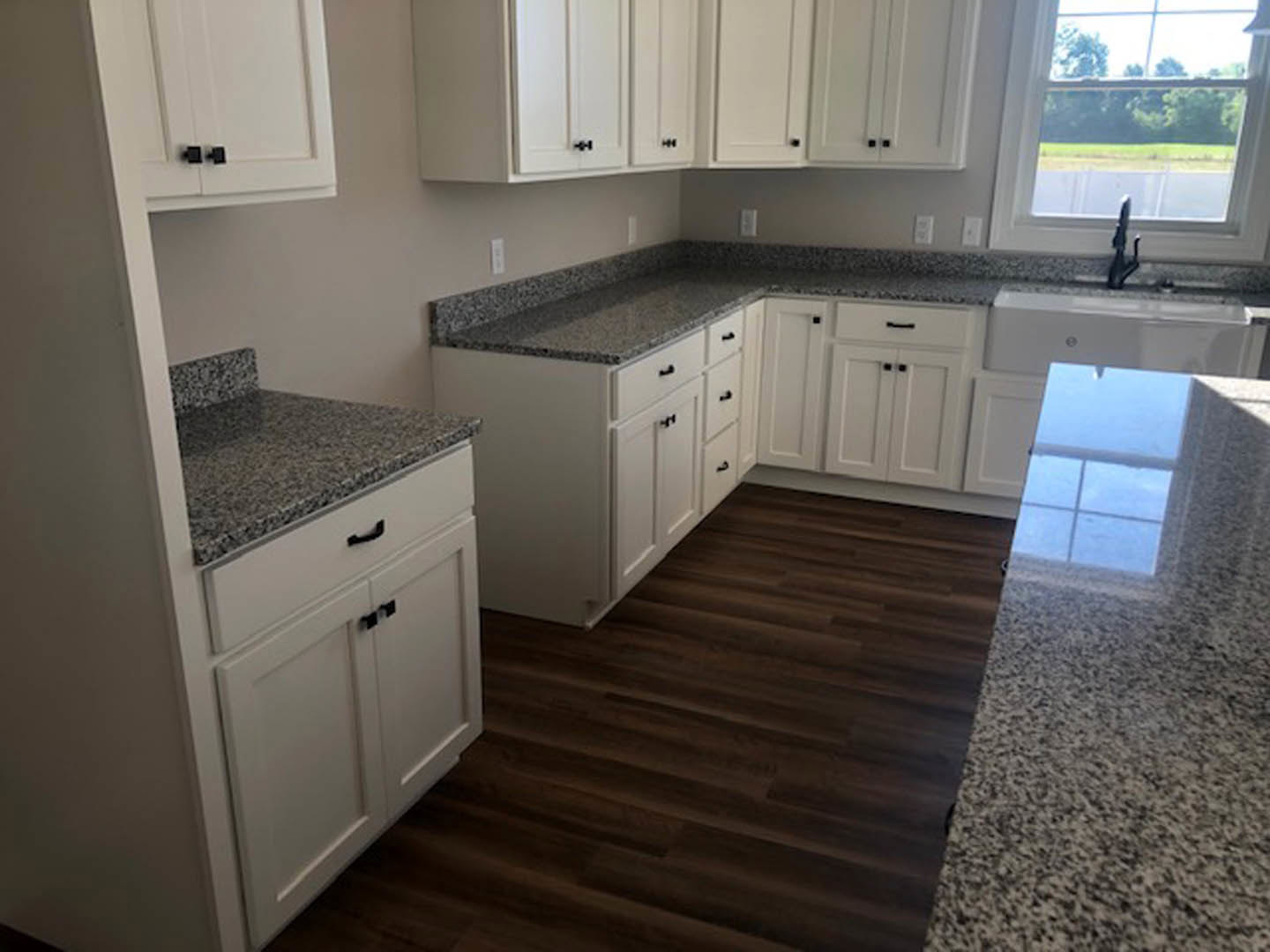Granite countertops, white cabinetry, dark wood flooring, kitchen window overlooking field and trees