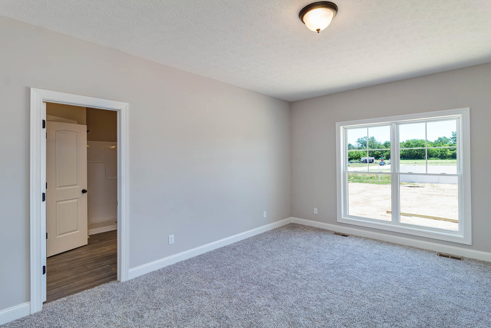 Carpeted room with white baseboards, white door featuring black handle, ceiling light fixture, and window overlooking field and trees