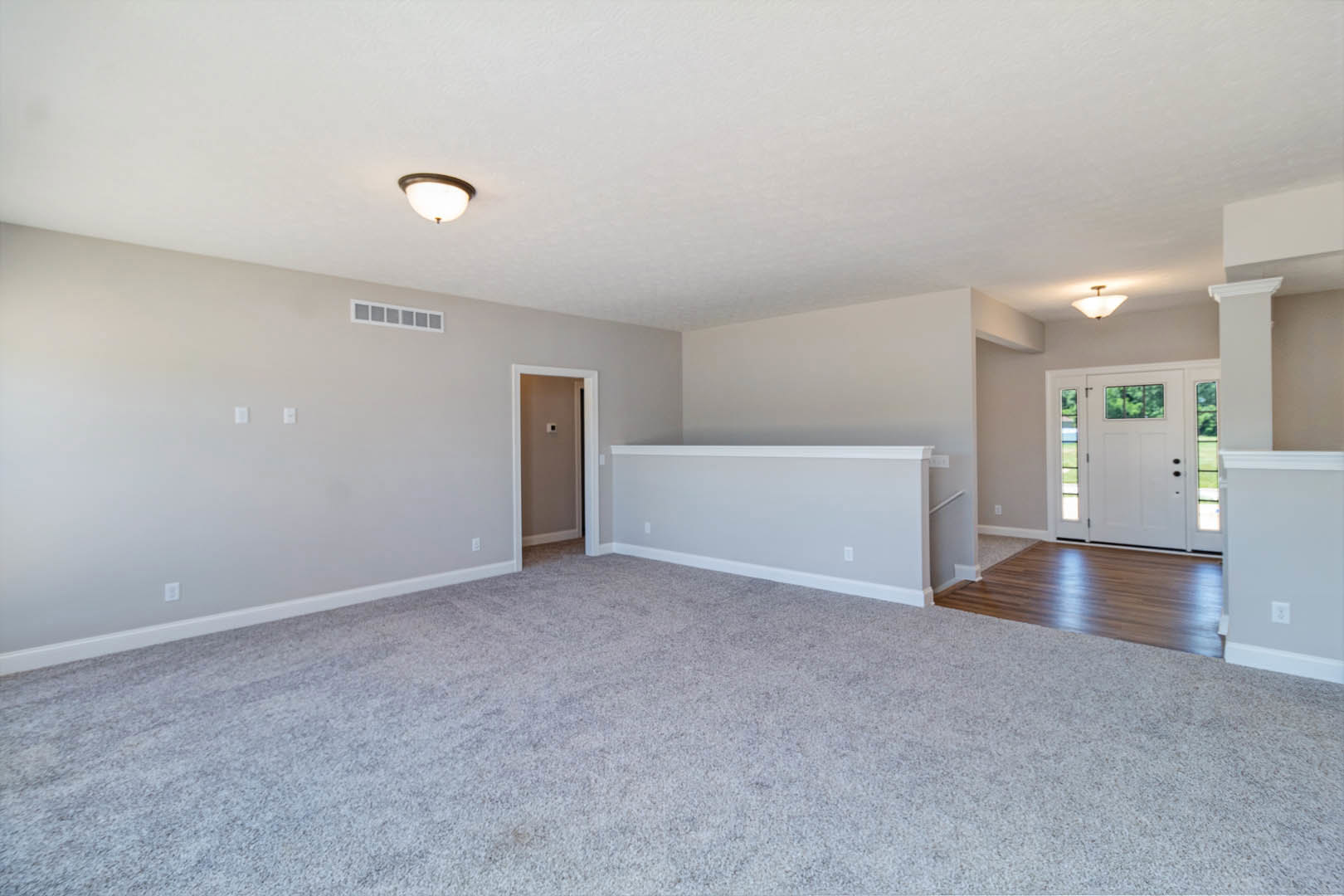 Carpeted living room with white walls and trim, open white door with glass panes, hardwood floor partially covered by white carpet, black square accent on wall