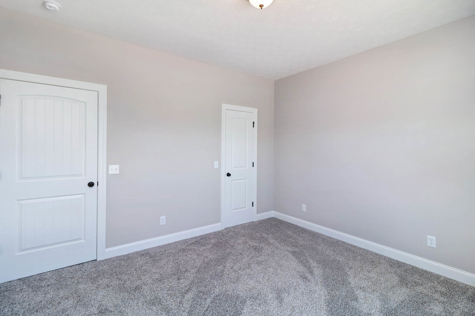 Carpeted room with two white paneled doors featuring black knobs, white trim, and a ceiling-mounted light fixture