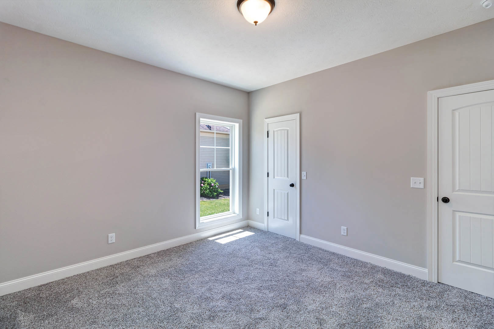 Carpeted room with white paneled door, window letting in natural light, green bush with pink flowers visible outside, white ceiling light fixture, plaster walls with decorative