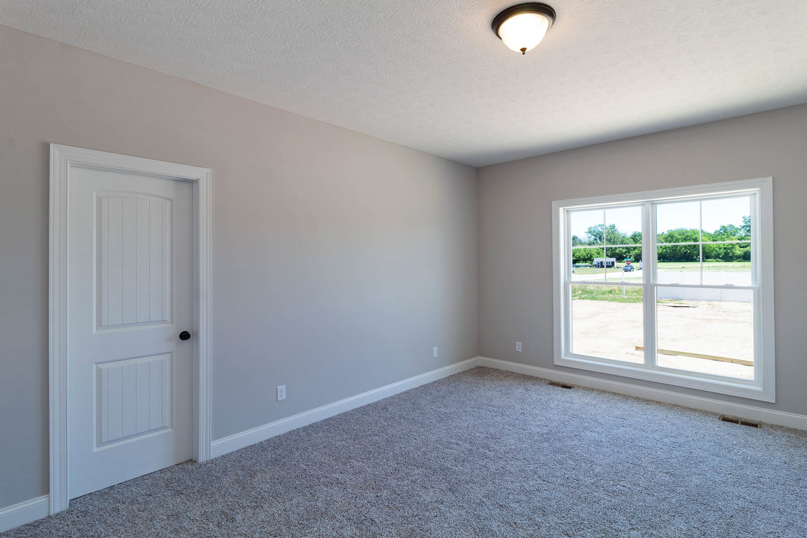 Carpeted room with white baseboards, white walls and ceiling, black-knobbed white door, window overlooking a grassy field, ceiling light fixture