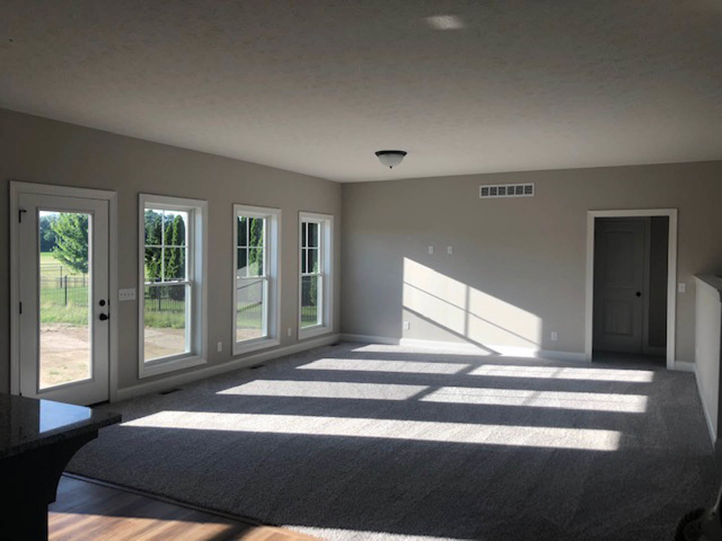 Spacious room featuring multiple windows, white door with black knob, carpeted floor, ceiling light fixture, and view of fenced yard with grass through window