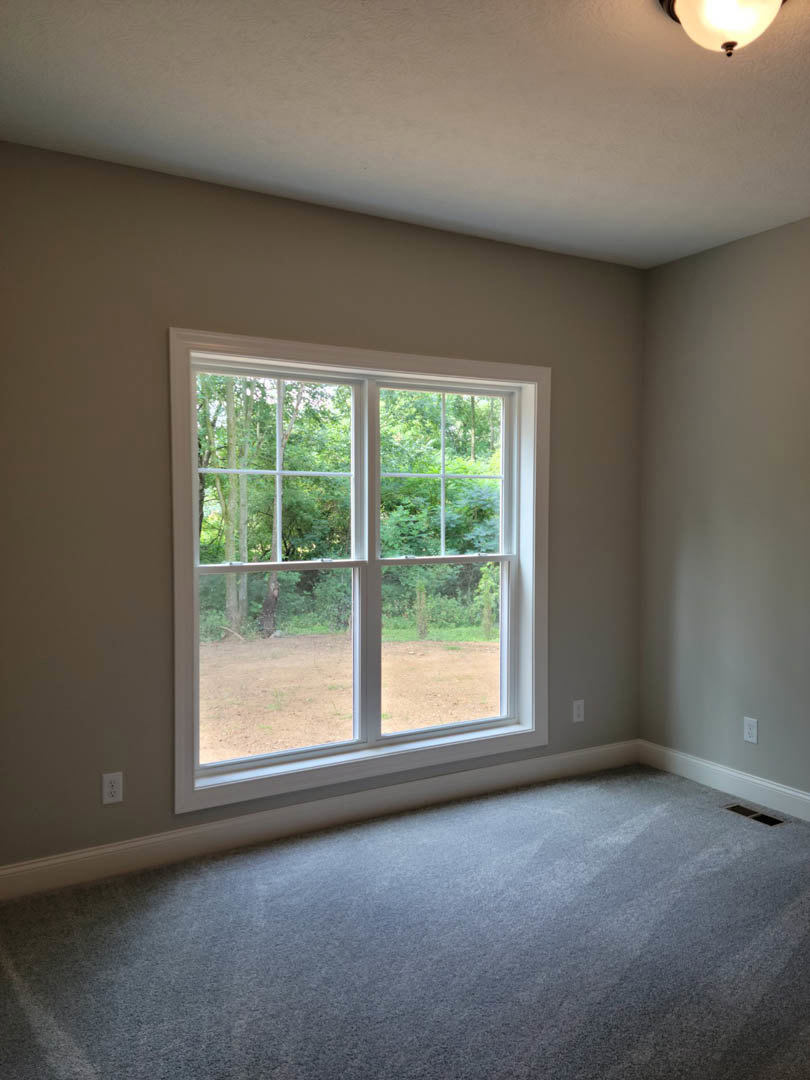 Carpeted room with white walls, large window showing leafy trees outside, ceiling-mounted light fixture illuminated, white ceiling.