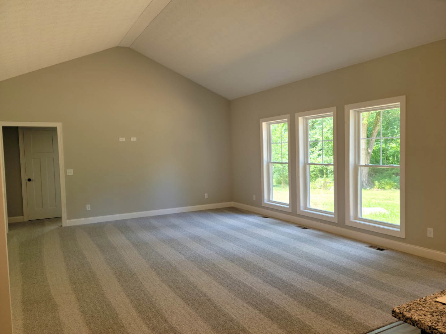 Striped carpet flooring in a bright room with large windows, white walls, and a white door with a black handle; trees visible outside through the windows