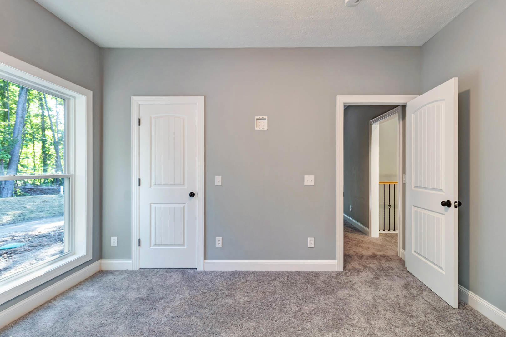 Carpeted room with two white doors featuring black knobs, white walls with black trim, electrical outlet, and window showing trees outside