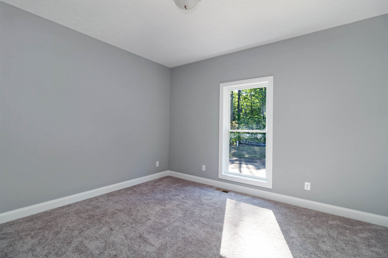Carpeted bedroom with large window overlooking leafy trees, white walls, ceiling light fixture, and simple baseboard molding