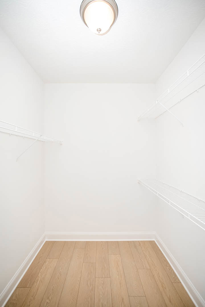 White closet with built-in shelves, wood laminate flooring, white walls, ceiling light fixture, and a white ladder mounted on the wall.