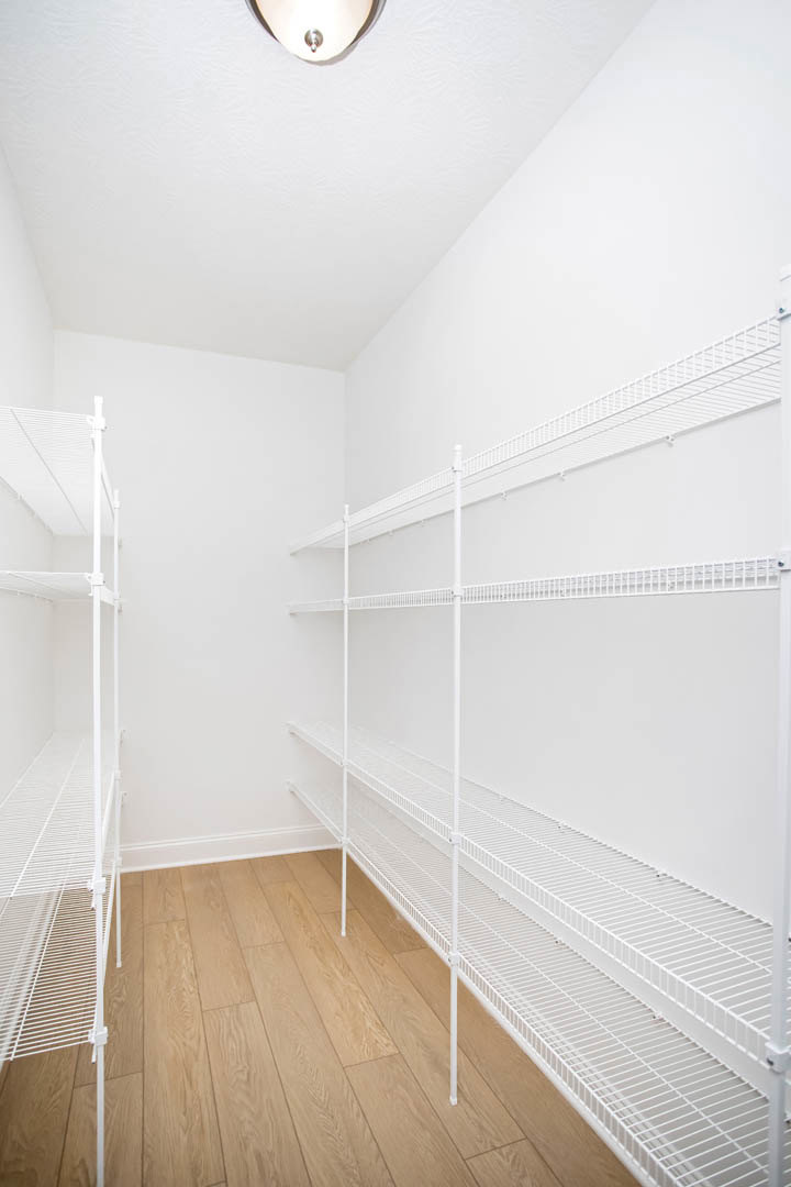 White closet with built-in shelves, wood flooring, and plaster walls
