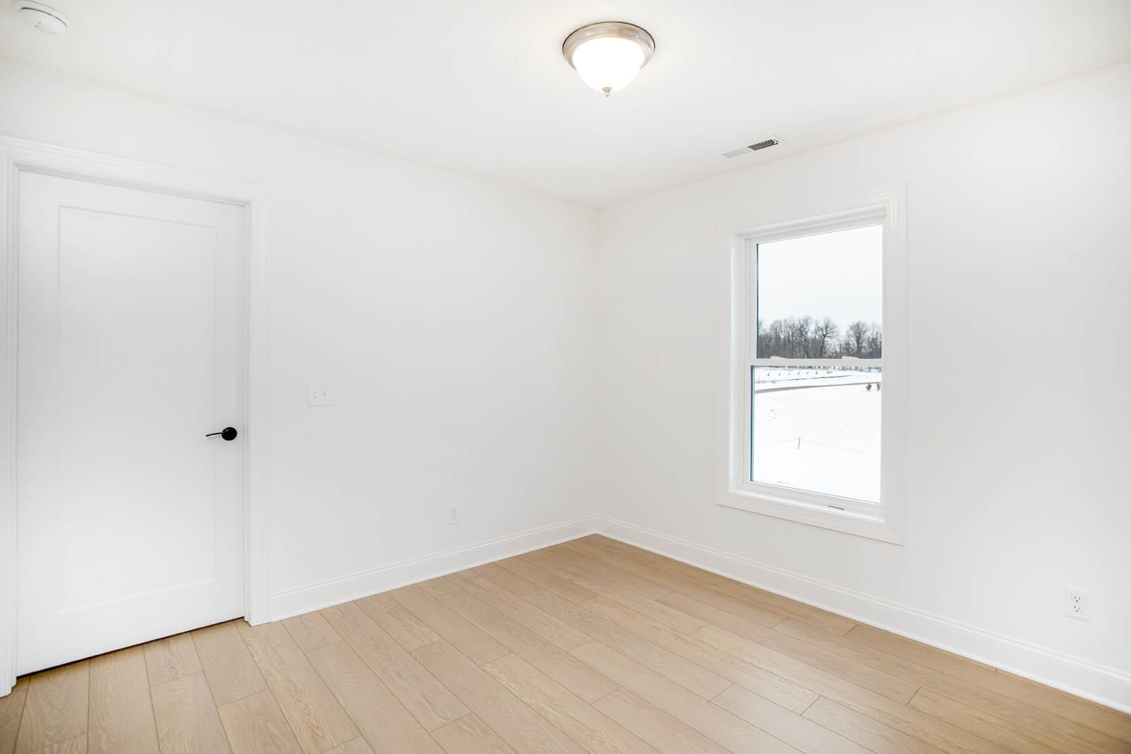 White walls and wood flooring in a room featuring a white door with a black handle, ceiling light fixture, and window overlooking snowy field and trees.