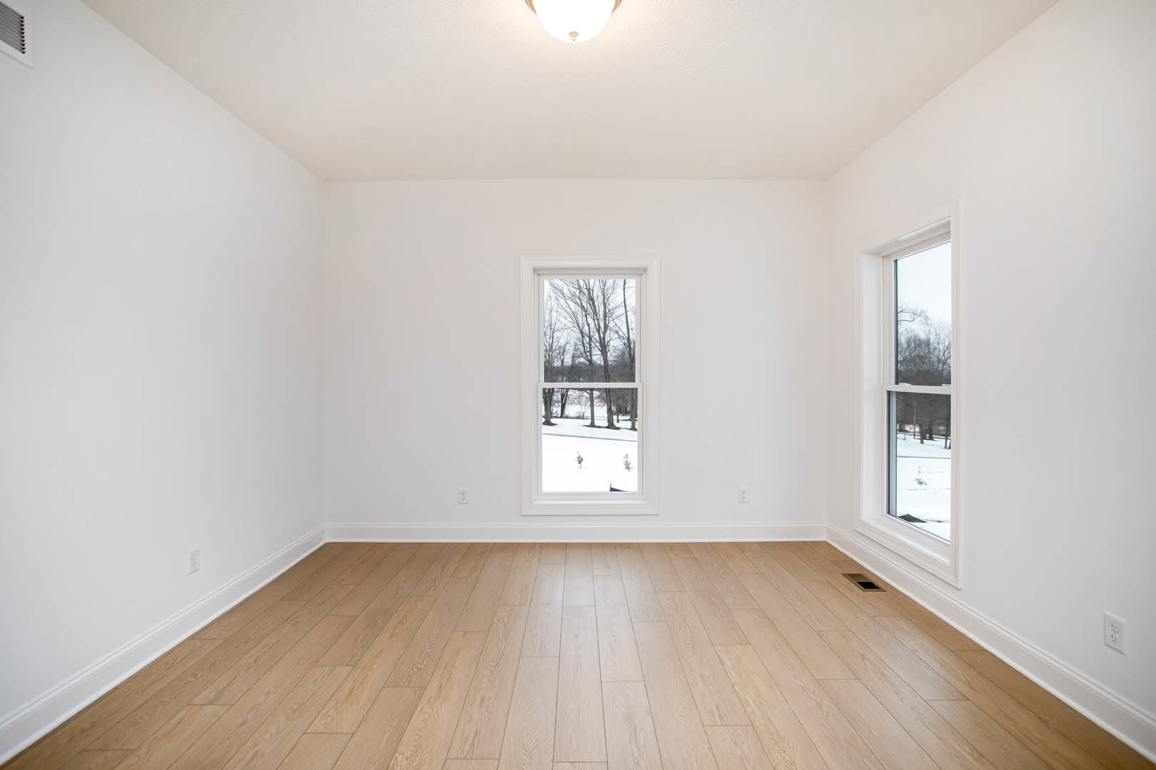 Hardwood floor with white baseboard trim, large windows showing leafy trees outside, ceiling-mounted light fixture, smooth plaster walls