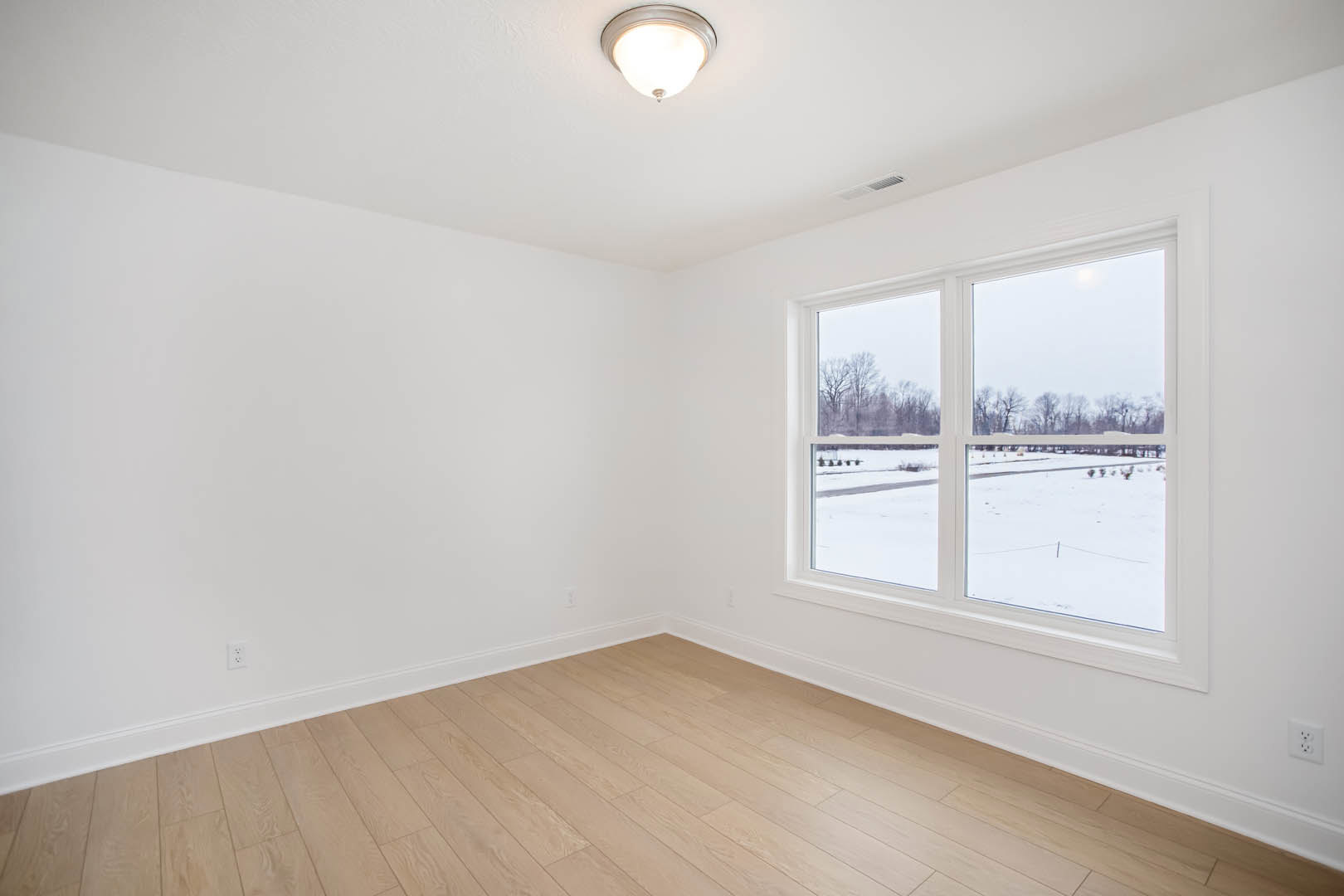 Sunlit room with wide window overlooking snowy field, white plaster walls, wood laminate flooring, ceiling light fixture, and simple molding.