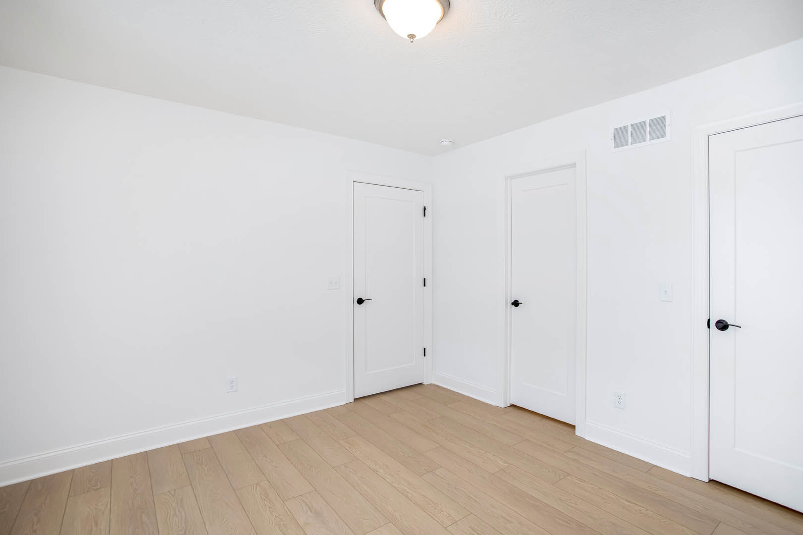 White paneled doors with black handles, wood flooring with white baseboard trim, modern ceiling light fixture, smooth plaster walls