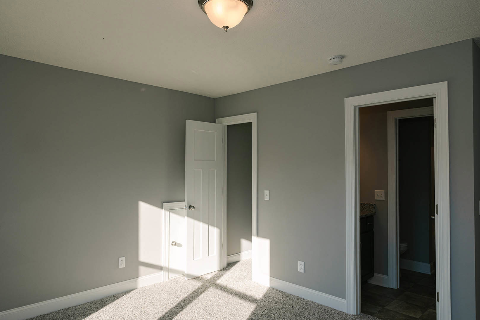 Neutral-toned room with white carpet, ceiling light fixture, two paneled doors, and simple wall molding